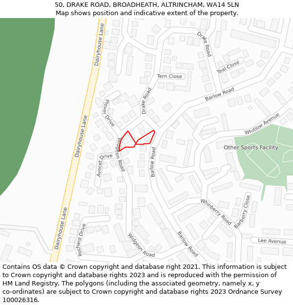 50, DRAKE ROAD, BROADHEATH, ALTRINCHAM, WA14 5LN: Location map and indicative extent of plot