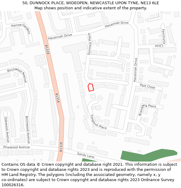 50, DUNNOCK PLACE, WIDEOPEN, NEWCASTLE UPON TYNE, NE13 6LE: Location map and indicative extent of plot