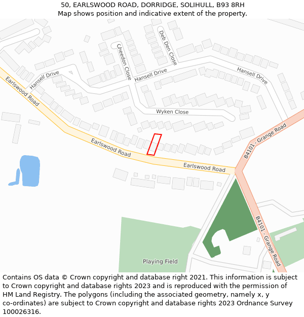 50, EARLSWOOD ROAD, DORRIDGE, SOLIHULL, B93 8RH: Location map and indicative extent of plot