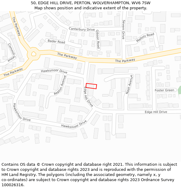 50, EDGE HILL DRIVE, PERTON, WOLVERHAMPTON, WV6 7SW: Location map and indicative extent of plot