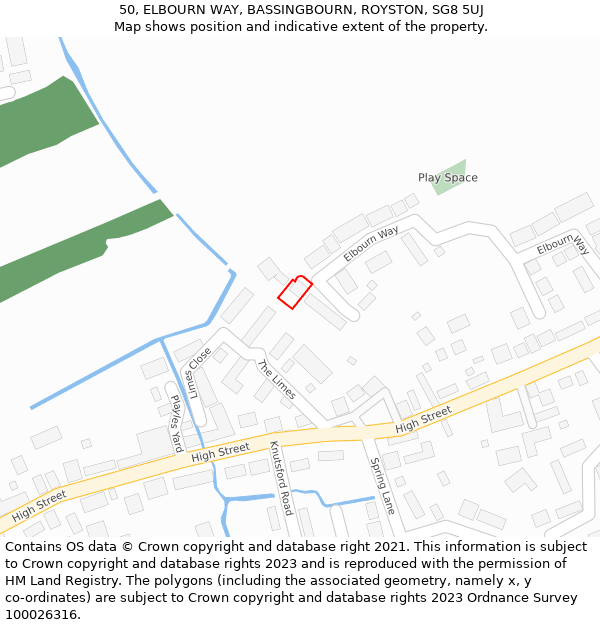 50, ELBOURN WAY, BASSINGBOURN, ROYSTON, SG8 5UJ: Location map and indicative extent of plot