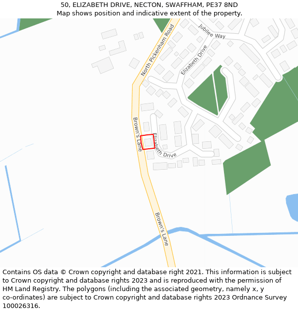 50, ELIZABETH DRIVE, NECTON, SWAFFHAM, PE37 8ND: Location map and indicative extent of plot