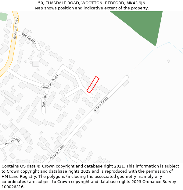 50, ELMSDALE ROAD, WOOTTON, BEDFORD, MK43 9JN: Location map and indicative extent of plot