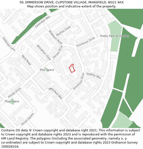 50, EMMERSON DRIVE, CLIPSTONE VILLAGE, MANSFIELD, NG21 9AX: Location map and indicative extent of plot