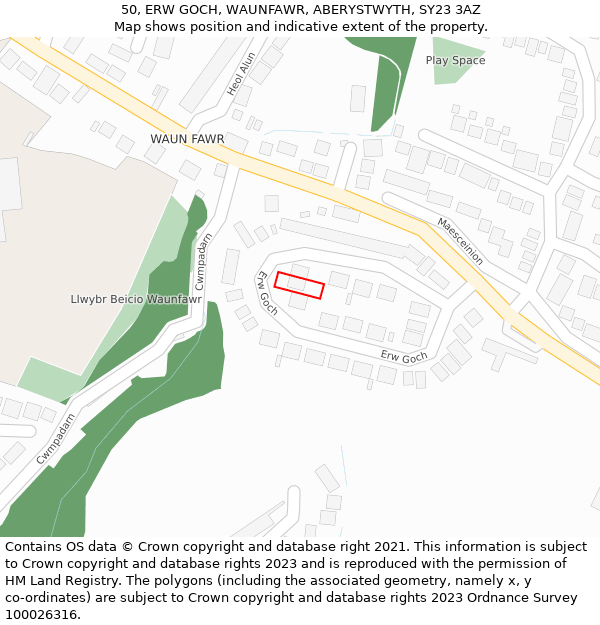 50, ERW GOCH, WAUNFAWR, ABERYSTWYTH, SY23 3AZ: Location map and indicative extent of plot