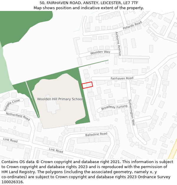 50, FAIRHAVEN ROAD, ANSTEY, LEICESTER, LE7 7TF: Location map and indicative extent of plot
