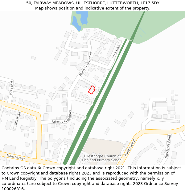 50, FAIRWAY MEADOWS, ULLESTHORPE, LUTTERWORTH, LE17 5DY: Location map and indicative extent of plot