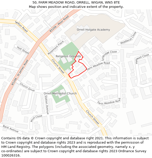 50, FARM MEADOW ROAD, ORRELL, WIGAN, WN5 8TE: Location map and indicative extent of plot