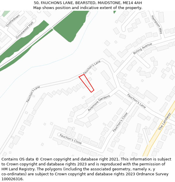 50, FAUCHONS LANE, BEARSTED, MAIDSTONE, ME14 4AH: Location map and indicative extent of plot