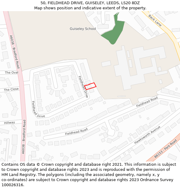 50, FIELDHEAD DRIVE, GUISELEY, LEEDS, LS20 8DZ: Location map and indicative extent of plot