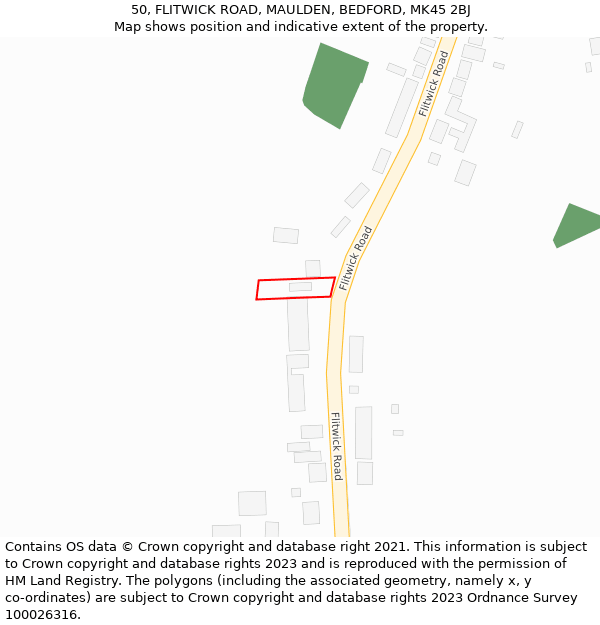 50, FLITWICK ROAD, MAULDEN, BEDFORD, MK45 2BJ: Location map and indicative extent of plot