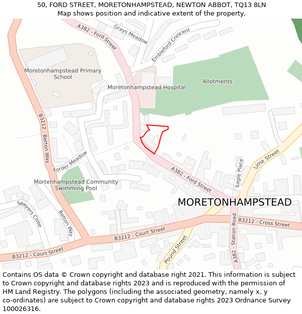 50, FORD STREET, MORETONHAMPSTEAD, NEWTON ABBOT, TQ13 8LN: Location map and indicative extent of plot
