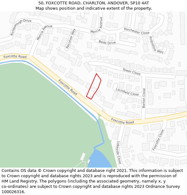 50, FOXCOTTE ROAD, CHARLTON, ANDOVER, SP10 4AT: Location map and indicative extent of plot