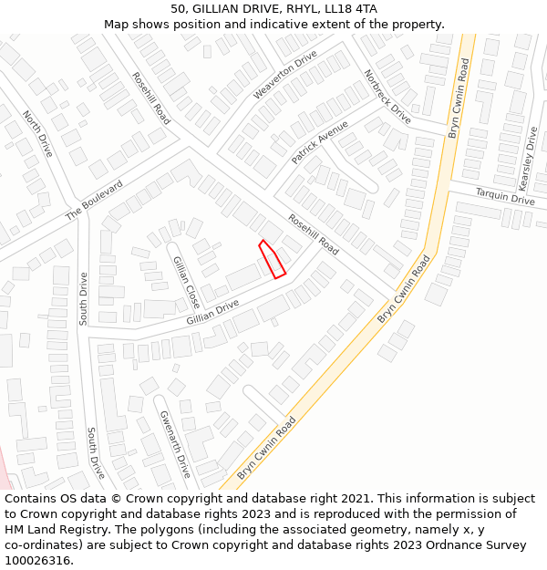 50, GILLIAN DRIVE, RHYL, LL18 4TA: Location map and indicative extent of plot