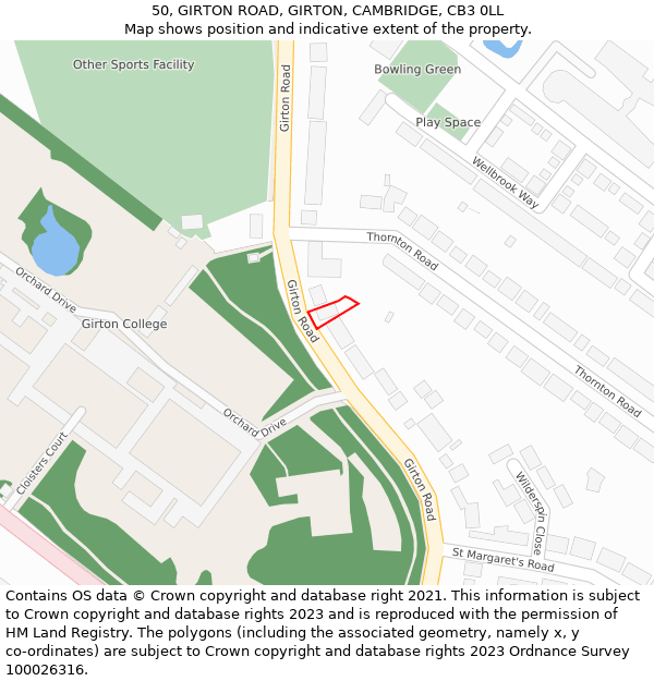 50, GIRTON ROAD, GIRTON, CAMBRIDGE, CB3 0LL: Location map and indicative extent of plot