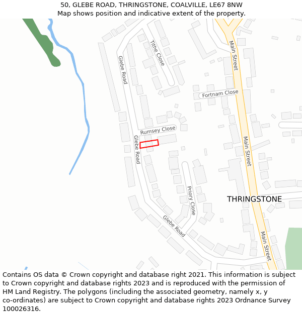 50, GLEBE ROAD, THRINGSTONE, COALVILLE, LE67 8NW: Location map and indicative extent of plot