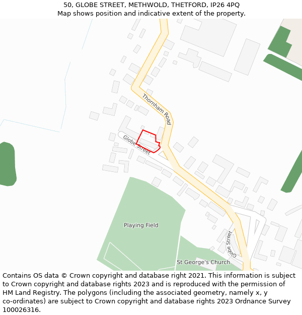 50, GLOBE STREET, METHWOLD, THETFORD, IP26 4PQ: Location map and indicative extent of plot