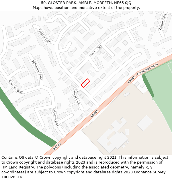 50, GLOSTER PARK, AMBLE, MORPETH, NE65 0JQ: Location map and indicative extent of plot