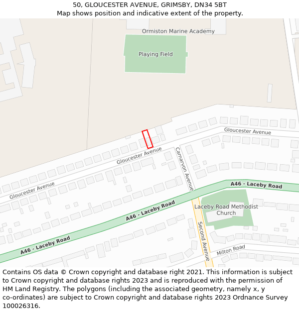 50, GLOUCESTER AVENUE, GRIMSBY, DN34 5BT: Location map and indicative extent of plot