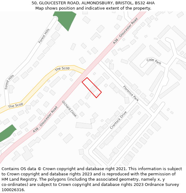50, GLOUCESTER ROAD, ALMONDSBURY, BRISTOL, BS32 4HA: Location map and indicative extent of plot