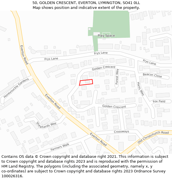 50, GOLDEN CRESCENT, EVERTON, LYMINGTON, SO41 0LL: Location map and indicative extent of plot