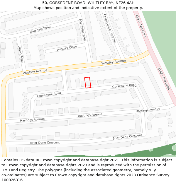 50, GORSEDENE ROAD, WHITLEY BAY, NE26 4AH: Location map and indicative extent of plot