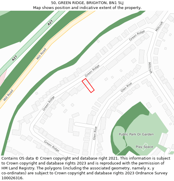 50, GREEN RIDGE, BRIGHTON, BN1 5LJ: Location map and indicative extent of plot