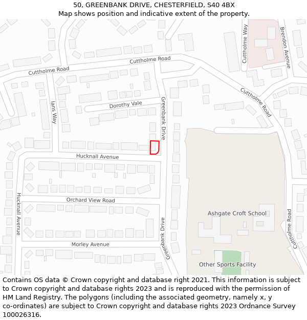 50, GREENBANK DRIVE, CHESTERFIELD, S40 4BX: Location map and indicative extent of plot