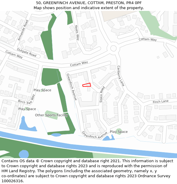 50, GREENFINCH AVENUE, COTTAM, PRESTON, PR4 0PF: Location map and indicative extent of plot