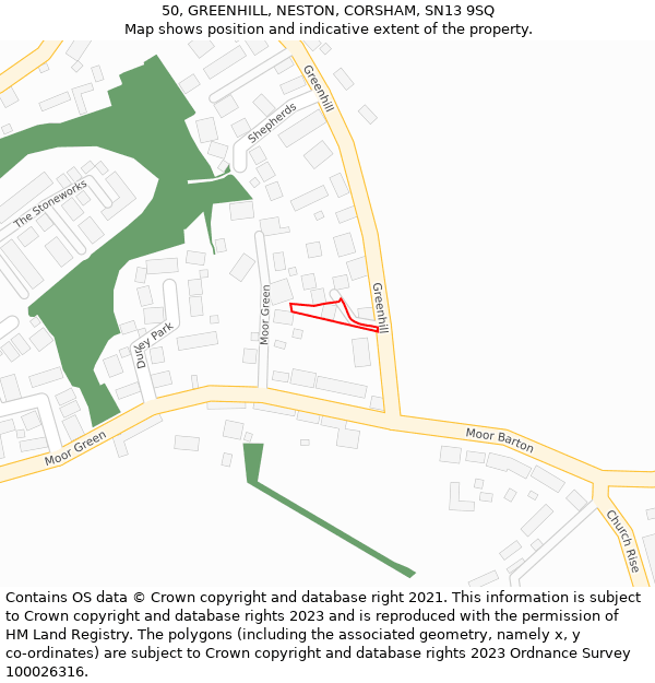 50, GREENHILL, NESTON, CORSHAM, SN13 9SQ: Location map and indicative extent of plot