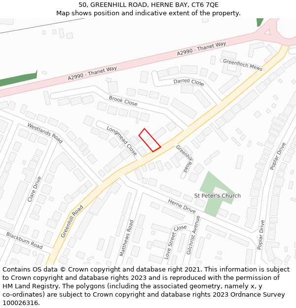 50, GREENHILL ROAD, HERNE BAY, CT6 7QE: Location map and indicative extent of plot