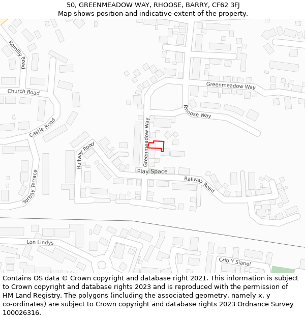 50, GREENMEADOW WAY, RHOOSE, BARRY, CF62 3FJ: Location map and indicative extent of plot