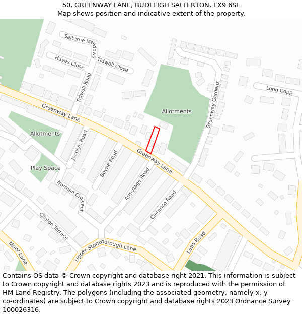 50, GREENWAY LANE, BUDLEIGH SALTERTON, EX9 6SL: Location map and indicative extent of plot