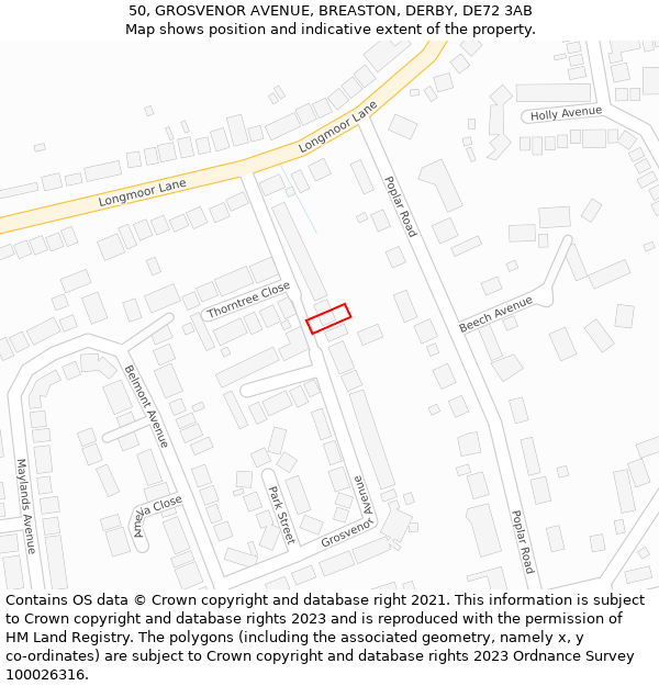 50, GROSVENOR AVENUE, BREASTON, DERBY, DE72 3AB: Location map and indicative extent of plot