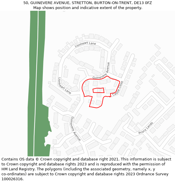 50, GUINEVERE AVENUE, STRETTON, BURTON-ON-TRENT, DE13 0FZ: Location map and indicative extent of plot