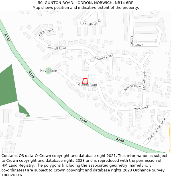 50, GUNTON ROAD, LODDON, NORWICH, NR14 6DP: Location map and indicative extent of plot