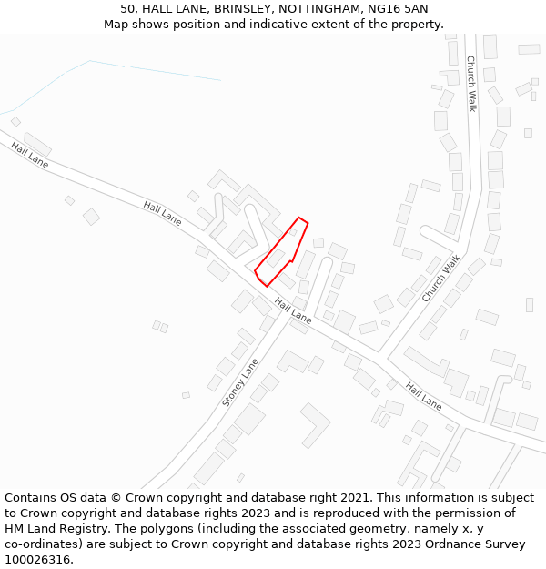 50, HALL LANE, BRINSLEY, NOTTINGHAM, NG16 5AN: Location map and indicative extent of plot