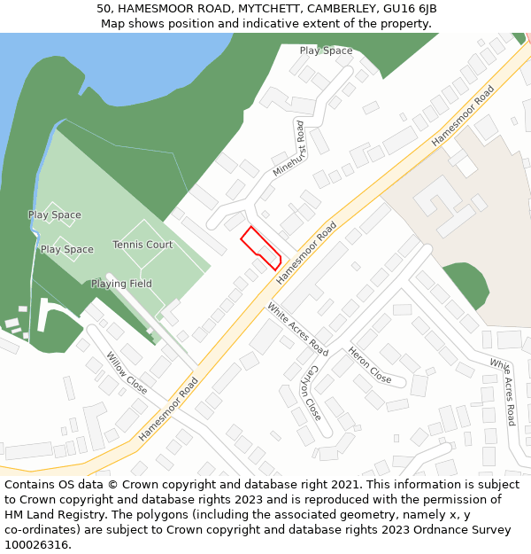 50, HAMESMOOR ROAD, MYTCHETT, CAMBERLEY, GU16 6JB: Location map and indicative extent of plot