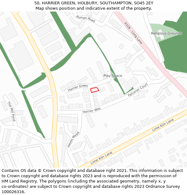 50, HARRIER GREEN, HOLBURY, SOUTHAMPTON, SO45 2EY: Location map and indicative extent of plot