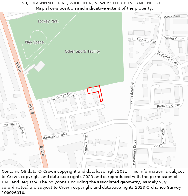 50, HAVANNAH DRIVE, WIDEOPEN, NEWCASTLE UPON TYNE, NE13 6LD: Location map and indicative extent of plot