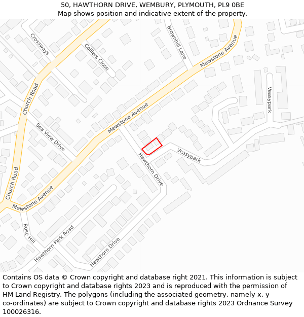 50, HAWTHORN DRIVE, WEMBURY, PLYMOUTH, PL9 0BE: Location map and indicative extent of plot