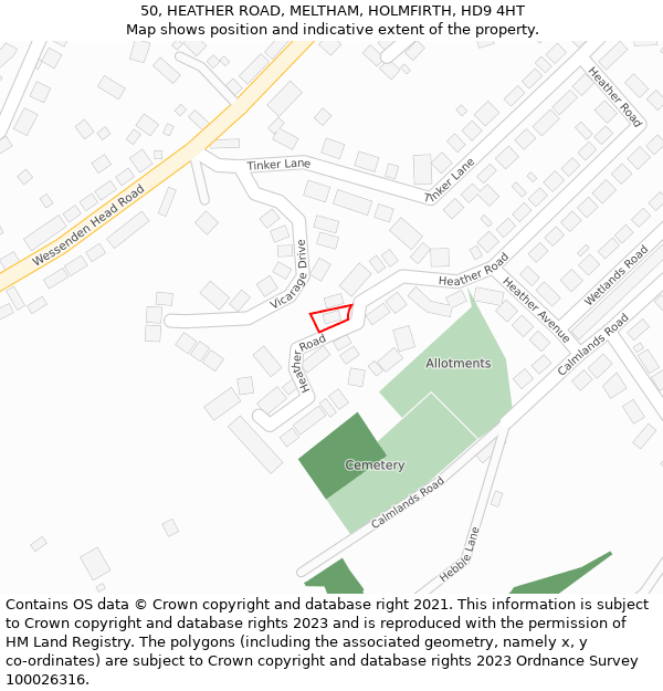 50, HEATHER ROAD, MELTHAM, HOLMFIRTH, HD9 4HT: Location map and indicative extent of plot