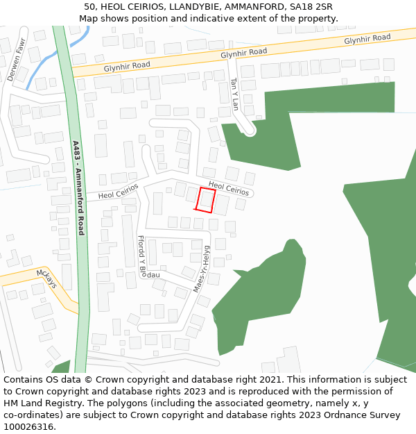 50, HEOL CEIRIOS, LLANDYBIE, AMMANFORD, SA18 2SR: Location map and indicative extent of plot