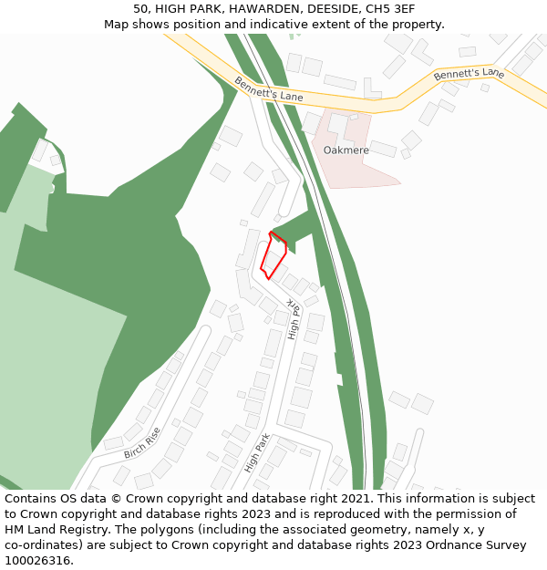 50, HIGH PARK, HAWARDEN, DEESIDE, CH5 3EF: Location map and indicative extent of plot