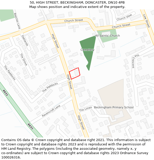 50, HIGH STREET, BECKINGHAM, DONCASTER, DN10 4PB: Location map and indicative extent of plot