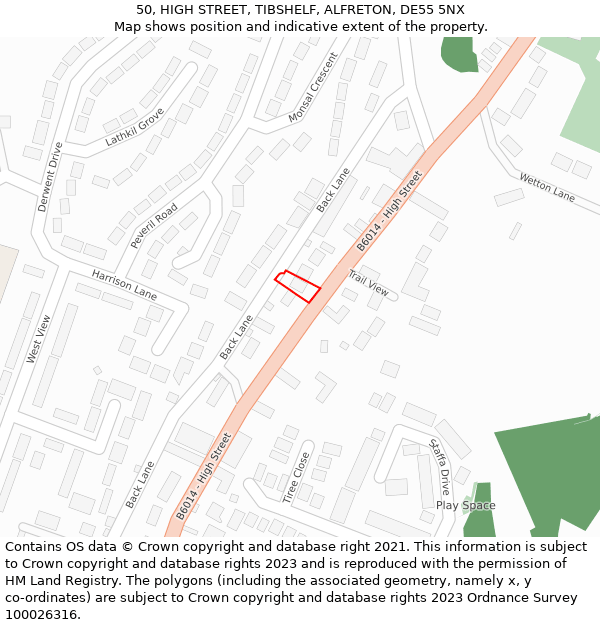 50, HIGH STREET, TIBSHELF, ALFRETON, DE55 5NX: Location map and indicative extent of plot