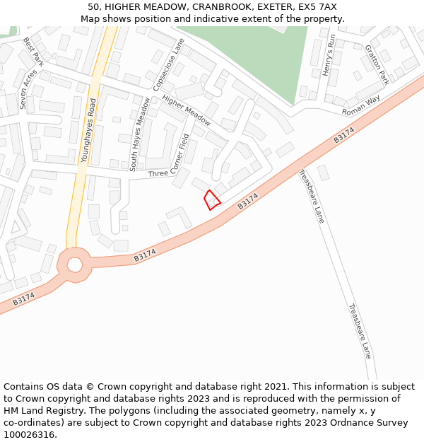 50, HIGHER MEADOW, CRANBROOK, EXETER, EX5 7AX: Location map and indicative extent of plot