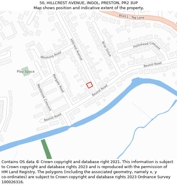 50, HILLCREST AVENUE, INGOL, PRESTON, PR2 3UP: Location map and indicative extent of plot