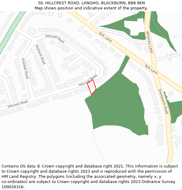 50, HILLCREST ROAD, LANGHO, BLACKBURN, BB6 8EN: Location map and indicative extent of plot