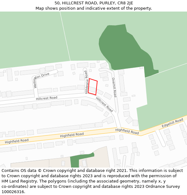 50, HILLCREST ROAD, PURLEY, CR8 2JE: Location map and indicative extent of plot